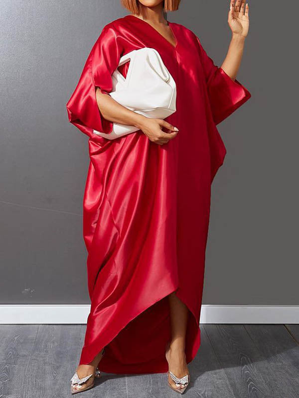 Solid Color Batwing Sleeves High-Low Deep V-Neck Maxi Dresses