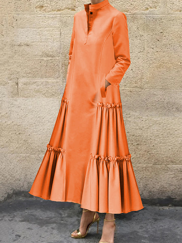 Buttoned Layered Pleated Pockets Ruffled Solid Color Split-Joint A-Line Long Sleeves Stand Collar Maxi Dresses