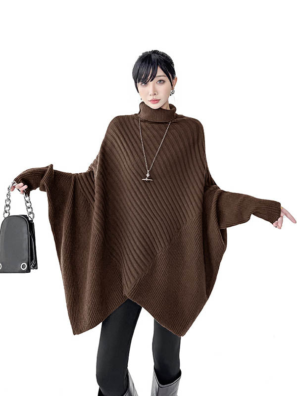 Asymmetric Ribbed Knit Solid Color Split-Joint Batwing Sleeves Irregularity High Neck Sweater Tops