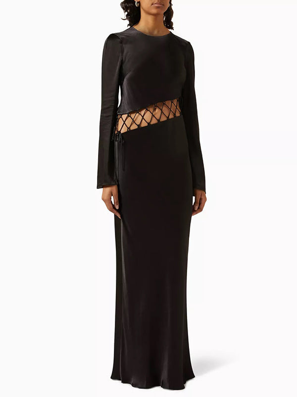 Hollow Solid Color High Waisted Long Sleeves Round-Neck Maxi Dresses