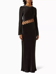 Hollow Solid Color High Waisted Long Sleeves Round-Neck Maxi Dresses