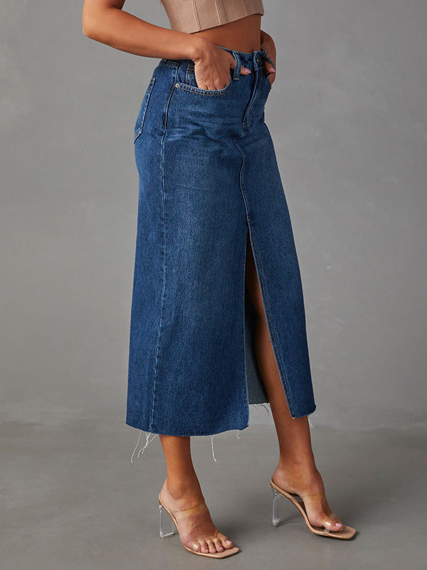 Fringed Pockets Split-Front A-Line High Waisted Skirts Bottoms