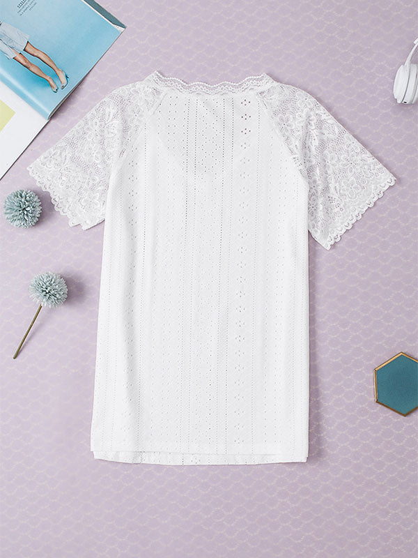 See-Through Solid Color Lace Split-Joint Short Sleeves V-Neck T-Shirts Tops
