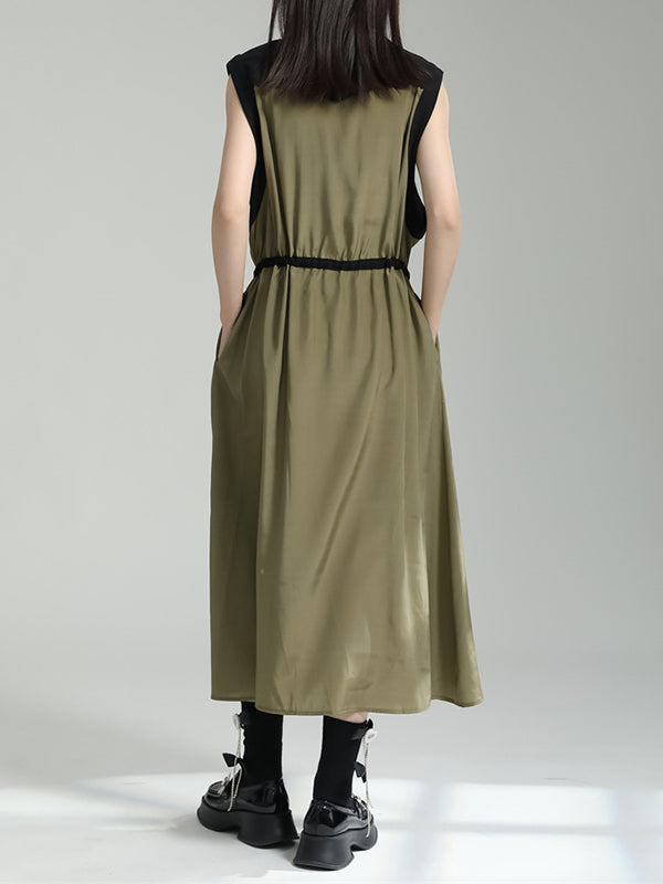 Contrast Color Drawstring Split-Joint Tied Waist Loose Sleeveless Round-Neck Midi Dresses