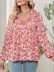 Flower Print Ruffled Long Sleeves Loose V-neck Blouses&shirts Tops