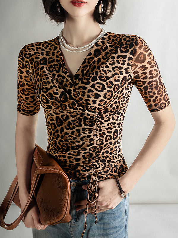 Leopard Pleated Half Sleeves Skinny V-Neck T-Shirts Tops