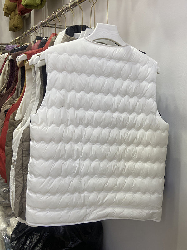 Buttoned Quilted Solid Color Loose Sleeveless Round-Neck Padded Vest