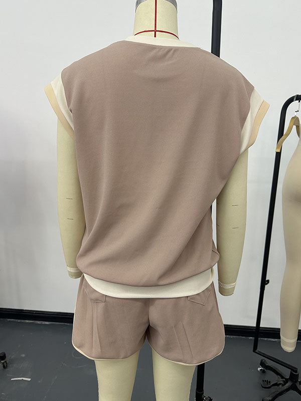 Contrast Color Elasticity Loose Short Sleeves Round-Neck T-shirt + Shorts Two Pieces Set