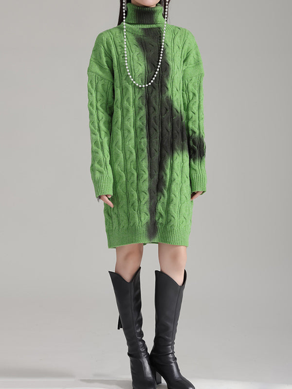 Contrast Color Long Sleeves Loose High Neck Sweater Dresses Mini Dresses