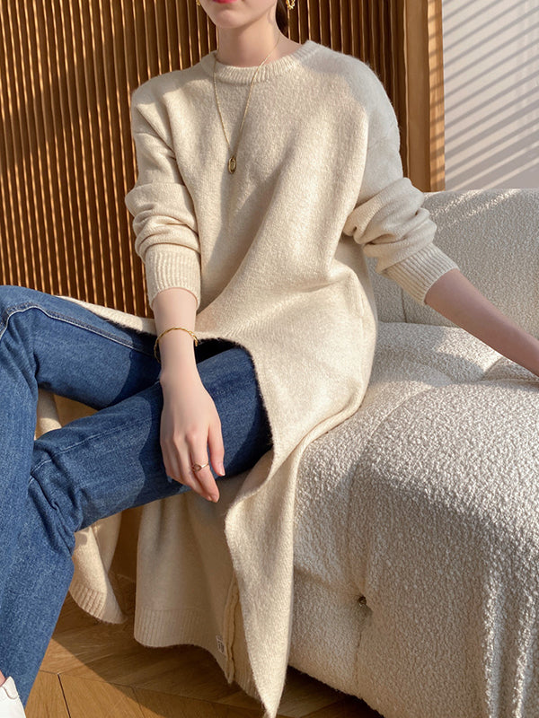 Loose Split-Side Solid Color Round-Neck Knitting Sweater Dresses