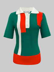 Short Sleeves Skinny Buttoned Contrast Color Lapel Polo-Style T-Shirts Tops
