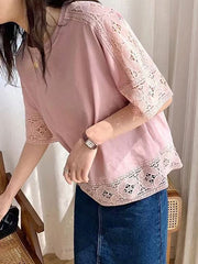 Hollow Solid Color Split-Joint Half Sleeves Loose Round-Neck T-Shirts