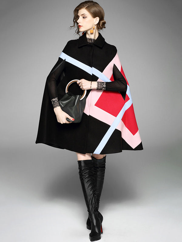 Original Loose Batwing Sleeves Contrast Color Striped Lapel Collar Cape Coats