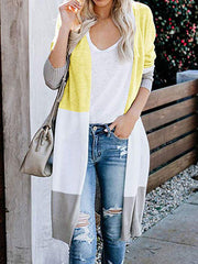 Contrast Color Long Sleeves Loose V-Neck Cardigan Tops