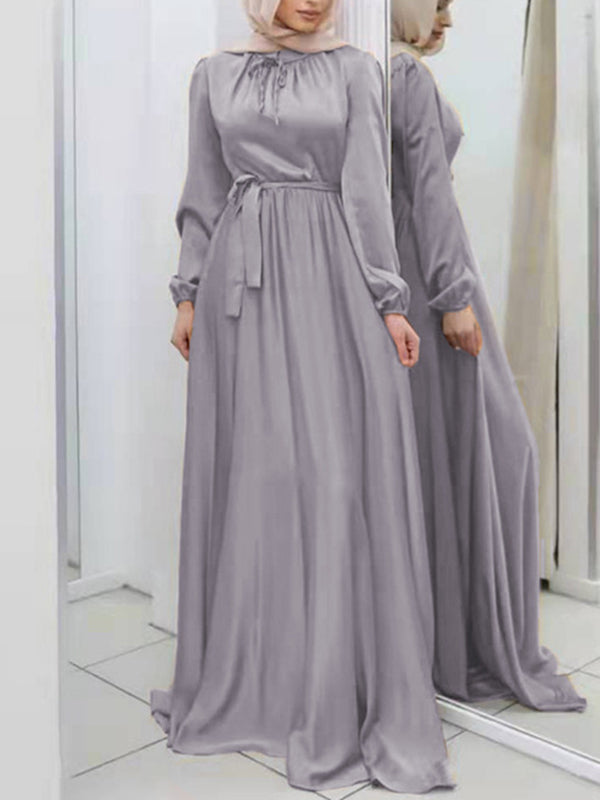 Pleated Solid Color Tied Waist Long Sleeves Loose Maxi Dresses