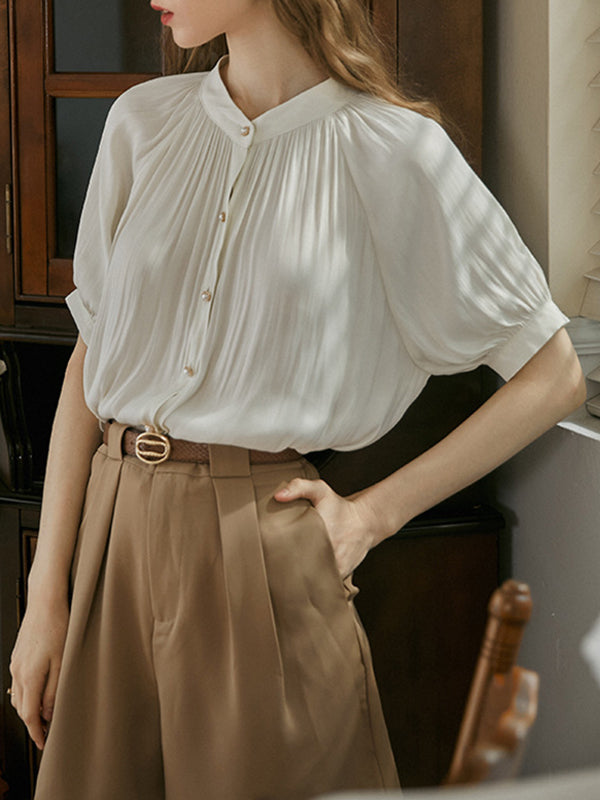 Buttoned Pleated Loose Puff Sleeves Round-neck Blouses&shirts Tops