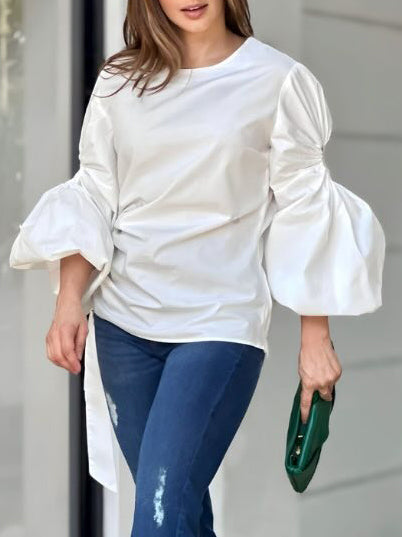 Hollow Solid Color Long Sleeves Puff Sleeves Round-neck T-shirts