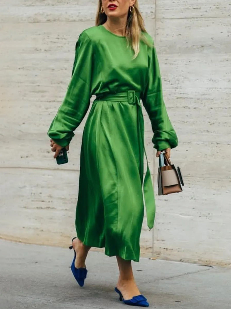Solid Color Long Sleeves Loose Round-Neck Midi Dresses