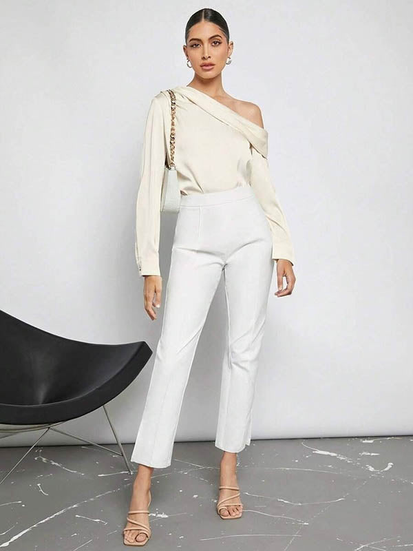 Pleated Solid Color Split-Joint Long Sleeves Skinny One-Shoulder Blouses&Shirts Tops