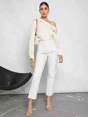 Pleated Solid Color Split-Joint Long Sleeves Skinny One-Shoulder Blouses&Shirts Tops