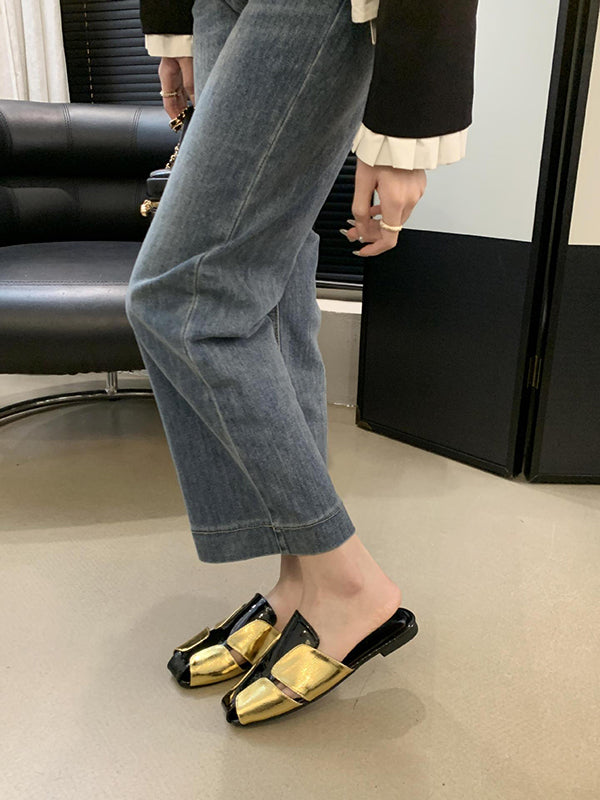 Contrast Color Hollow Split-Joint Square-Toe Slippers&Mules Sandals