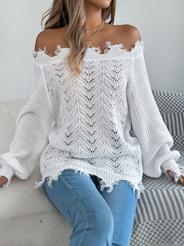 Hollow Knitted Leaves Ribbed Knit See-Through Solid Color Long Sleeves Off-The-Shoulder Sweater Tops
