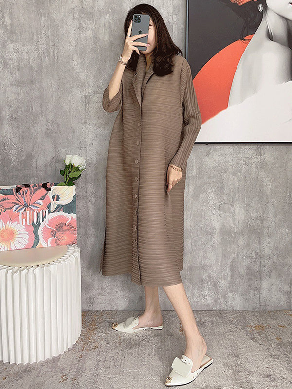 Solid Color Pleated Long Sleeves Shirt Dress Midi Dress