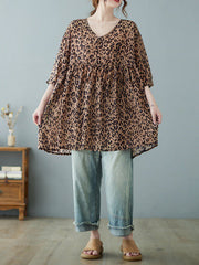 Leopard Half Sleeves Loose V-neck T-Shirts Tops Blouses&shirts Tops