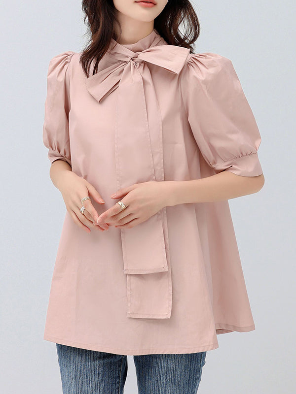 Casual Loose Bow-Embellished Solid Color Blouse