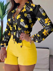 Flower Print Long Sleeves Buttoned  Deep V-Neck Shirts Top +Belted Shorts BottomTwo Pieces Set