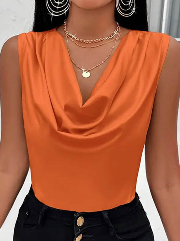 Pleated Solid Color Loose Sleeveless V-Neck Vest Top