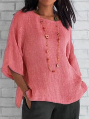 Solid Color Split-Joint Split-Side Linen Three-Quarter Sleeves Round-Neck T-Shirts Tops
