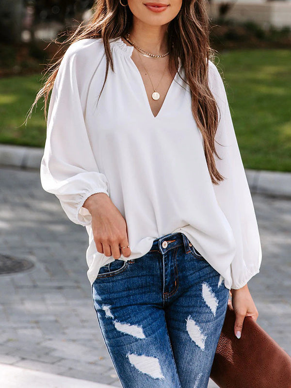 Elasticity Pleated Ruffle Trim Solid Color Long Sleeves Loose Deep V-Neck T-Shirts Tops
