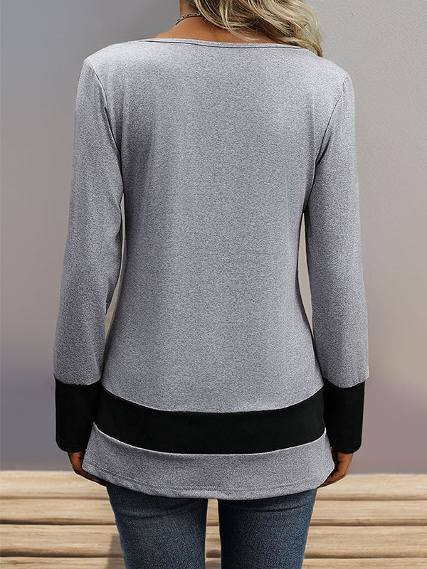 Buttoned Contrast Color Pleated Split-Joint Long Sleeves Loose V-Neck T-Shirts Tops