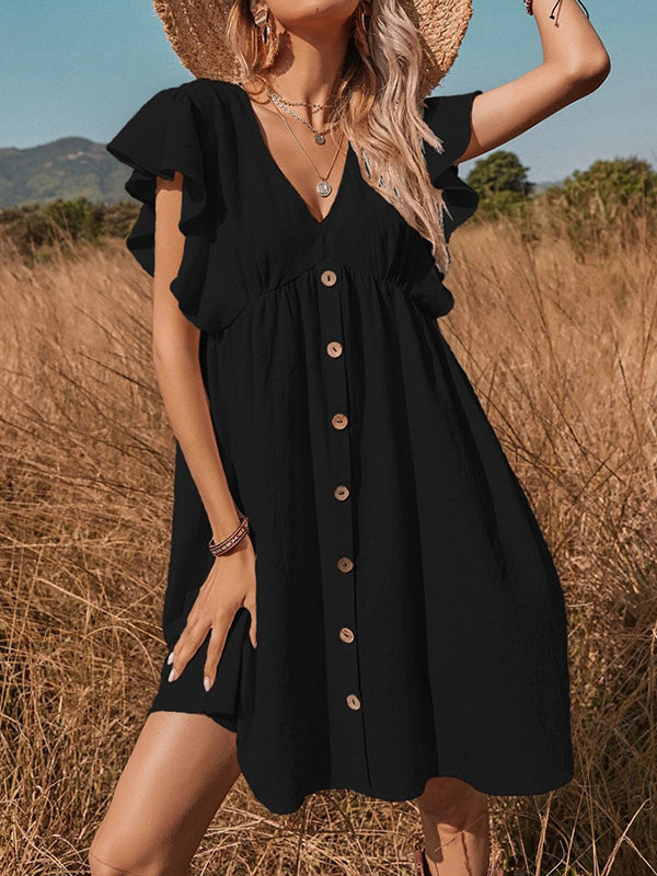 Falbala Pleated Split-Joint Loose Short Sleeves V-Neck Mini Dresses