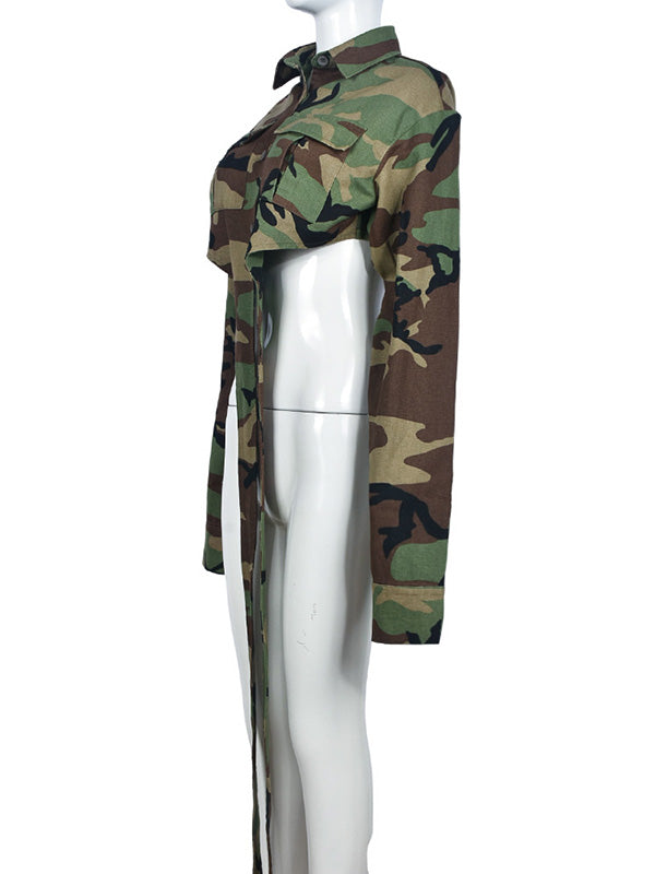 Buttoned Camouflage Pockets Tied Long Sleeves Loose Lapel Outerwear