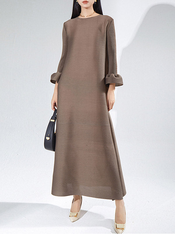 Pleated Solid Color A-Line Loose Round-Neck Maxi Dresses