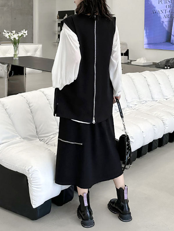 Asymmetric Zipper Loose Sleeveless Round-Neck Vest Top