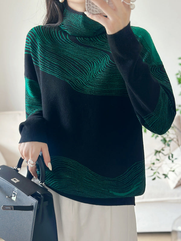 Contrast Color Long Sleeves Loose High Neck Sweater Tops Pullovers