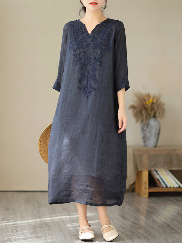 Embroidered Solid Color A-Line Loose V-Neck Midi Dresses