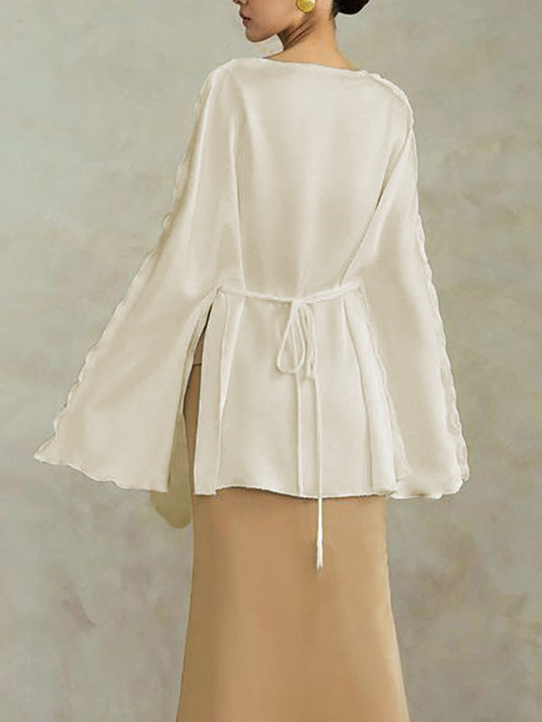 Solid Color Split-Joint Tied Flared Sleeves Long Sleeves Round-neck T-Shirts Tops