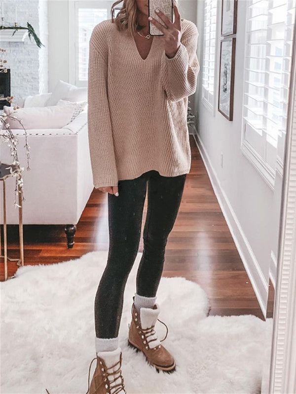 Casual Loose Solid Color V-Neck Sweater Tops