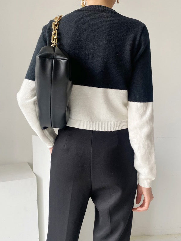 Buttoned Contrast Color Long Sleeves Round-Neck Cardigan Tops