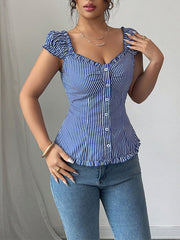 Buttoned Pleated Striped Puff Sleeves Skinny Square-Neck Blouses&Shirts Tops