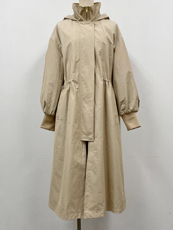 Loose Long Sleeves Drawstring Solid Color Zipper Hooded Trench Coats Outerwear