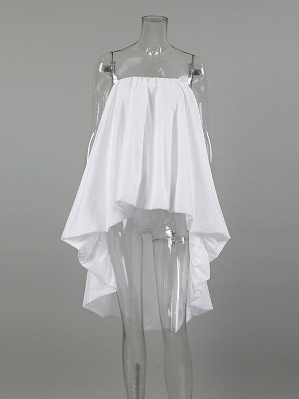 Elasticity Pleated Solid Color Split-Joint High-Low Sleeveless Tube Blouses&Shirts Tops