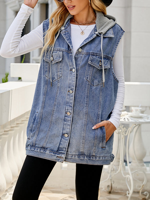 Buttoned Detachable Drawstring Hooded Pockets Split-Joint Loose Sleeveless Polo Vest Outerwear