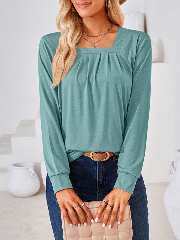 Pleated Solid Color Long Sleeves Loose Square-Neck T-Shirts Tops