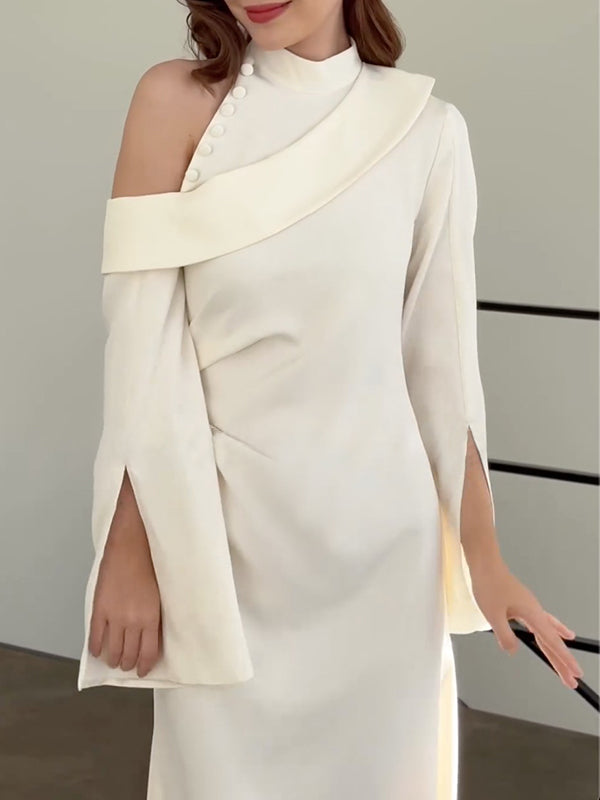 Flared Sleeves Asymmetric Buttoned Hollow Solid Color Zipper Cold Shoulder Evening Dresses Maxi Dresses