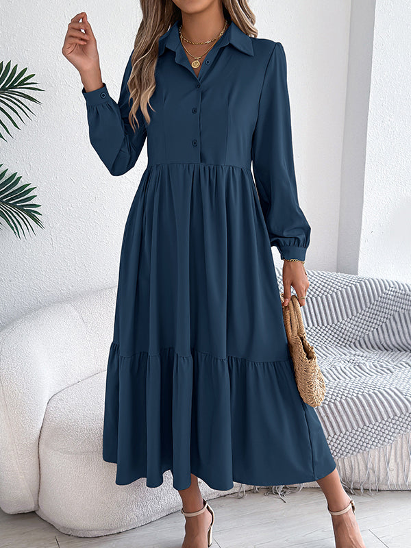 Pleated Ruffled Solid Color High Waisted Long Sleeves Lapel Shirt Dress Midi Dresses